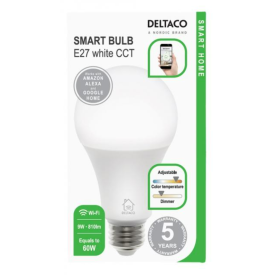 СМАРТ КРУШКА DELTACO SH-LE27W, Е27, WIFI 2.4GHZ, 9W, 810LM, ДИМИРАЩА, БЯЛА СМАРТ КРУШКА DELTACO SH-LE27W, Е27, WIFI 2.4GHZ, 9W, 810LM, ДИМИРАЩА, БЯЛА